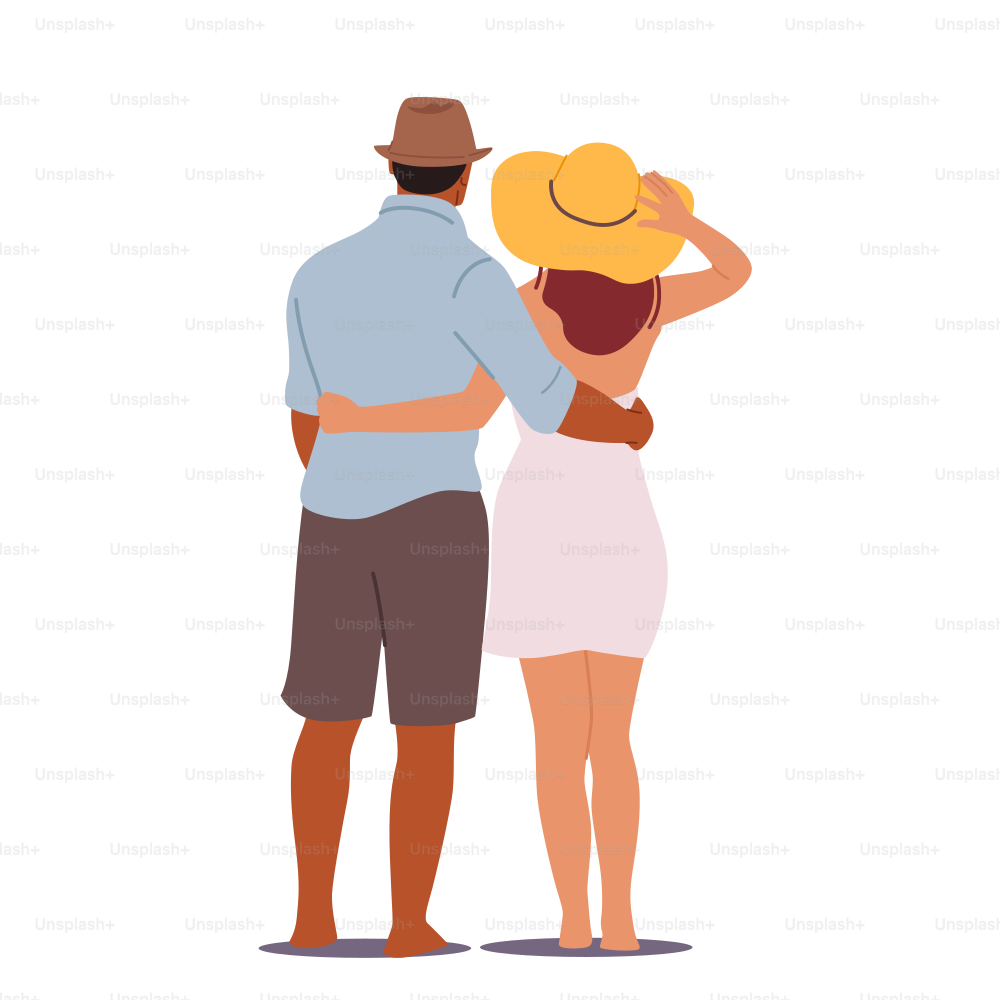 Male and Female Characters Love, Connection, Romance Feelings Concept. Happy Man and Woman Embracing and Hugging Rear View. Loving Couple Romantic Relations, Dating. Cartoon People Vector Illustration