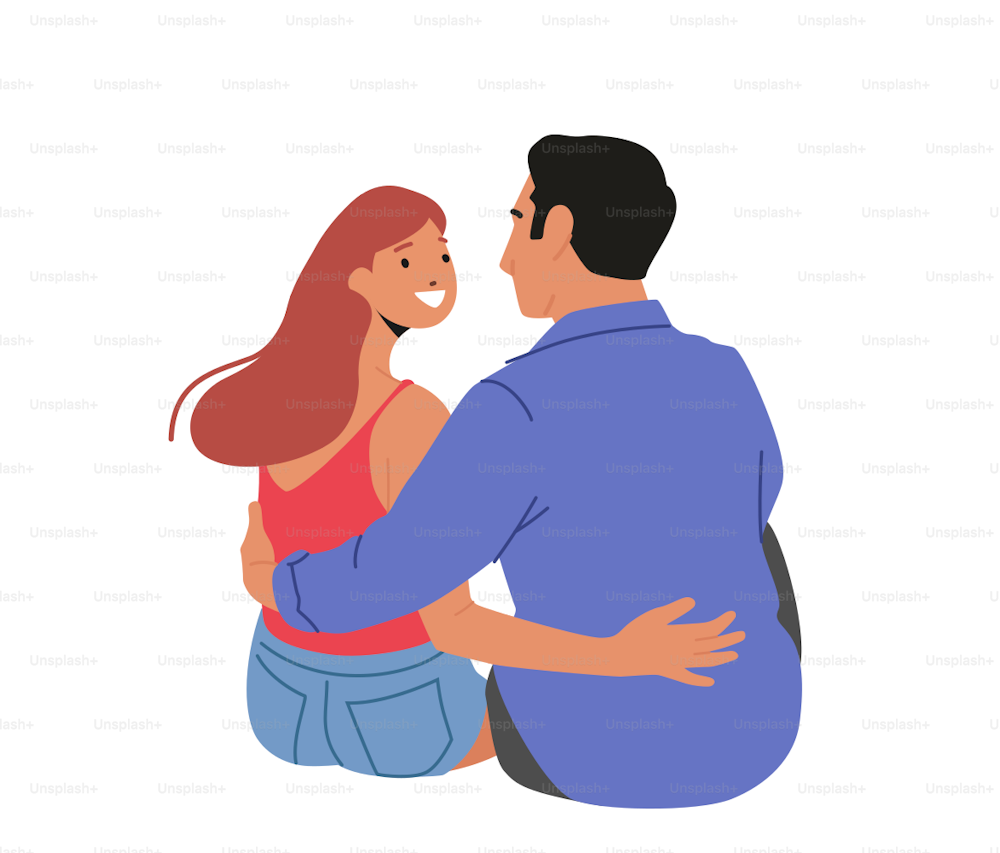 Male and Female Characters Sitting on Ground, Hug and Look in Eyes Rear View. Loving Couple Romantic Relations. Man and Woman Lovers Happy Dating, Love, Romance. Cartoon People Vector Illustration