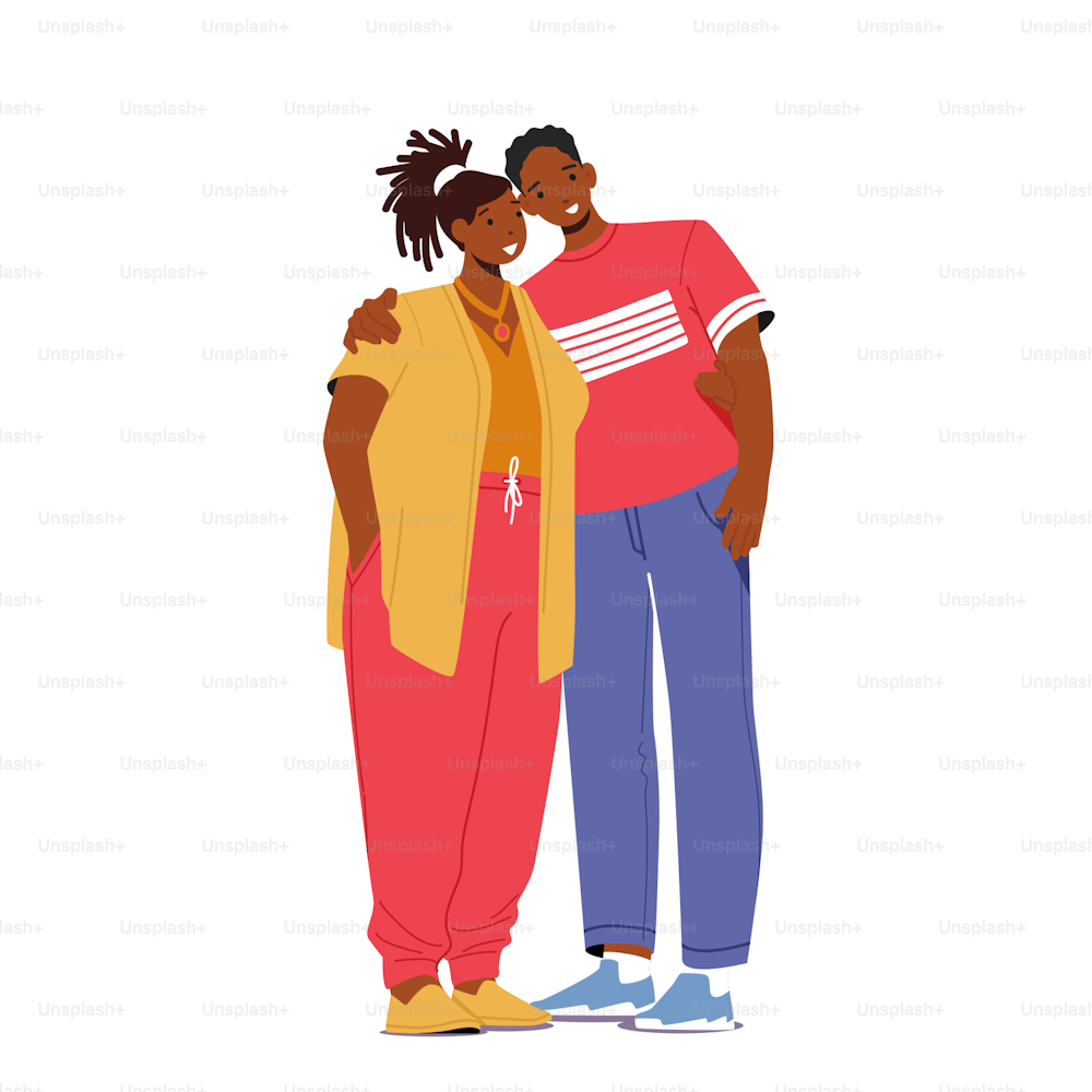 Modern African Male and Female Characters Hugging. Loving Couple Romantic Relations. Man and Woman Embrace Each Other, Happy Lovers Dating, Love, Romance Emotions. Cartoon People Vector Illustration