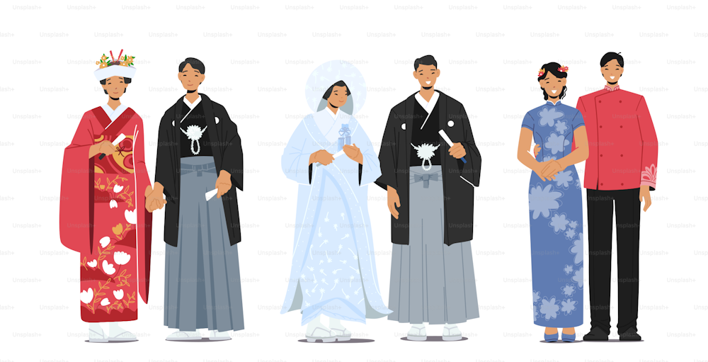 Conjunto de casais tradicionais japoneses usam vestido de noiva, personagens de noiva e noivo em quimono se preparam para a cerimônia de casamento. Tradições e Cultura Asiáticas. Ilustração vetorial de pessoas dos desenhos animados
