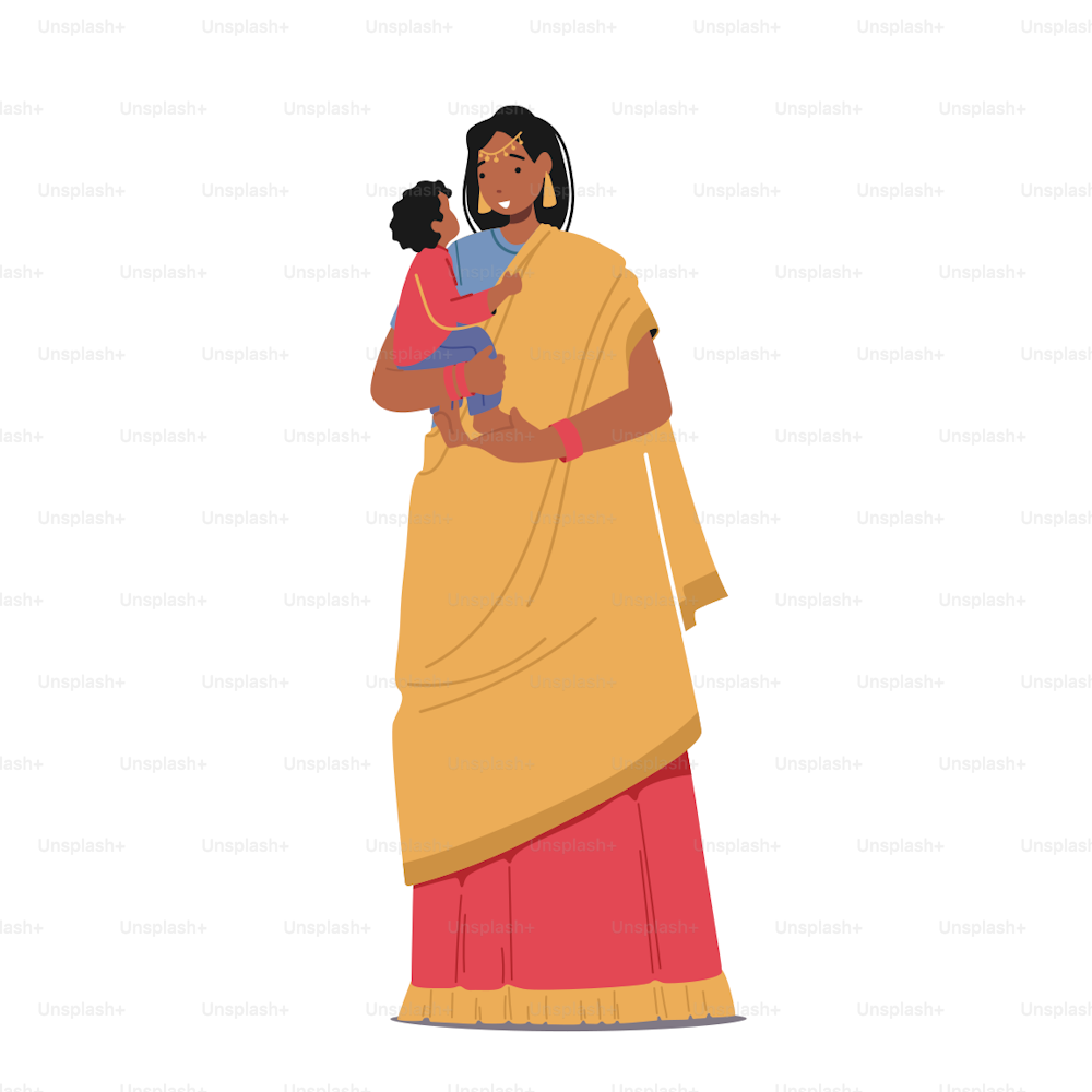 Donna indiana che indossa Sari rosso e sciarpa gialla che tiene il bambino sulle mani, personaggio femminile della madre in abiti tradizionali, ragazza con il bambino a tutta altezza, tradizione dell'India. Illustrazione vettoriale delle persone del fumetto