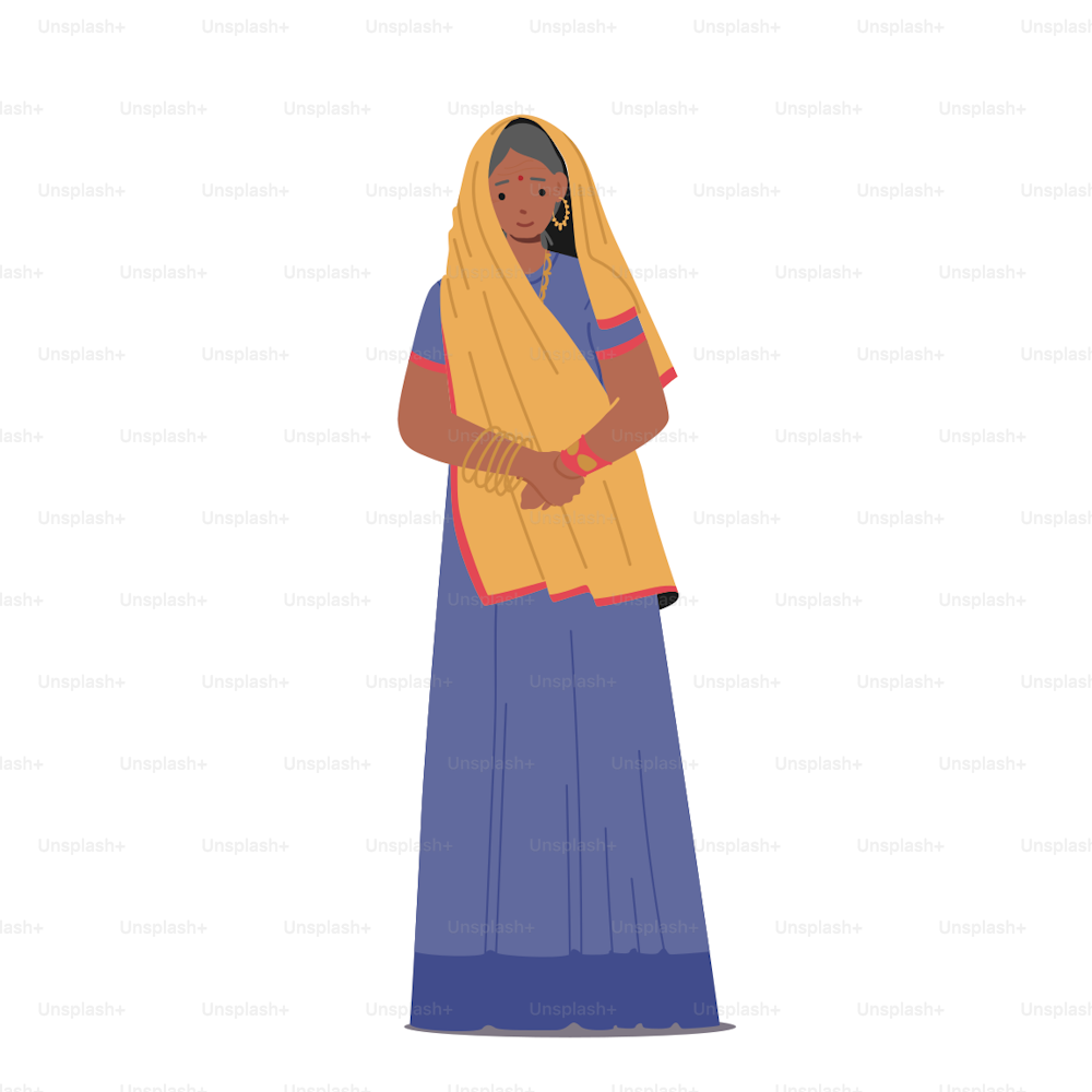 Sonriente anciana mujer de la sociedad de la India. La mujer india mayor usa sari largo y accesorios aislados sobre fondo blanco. Los viejos personajes femeninos usan ropa tradicional. Ilustración vectorial de Cartoon People