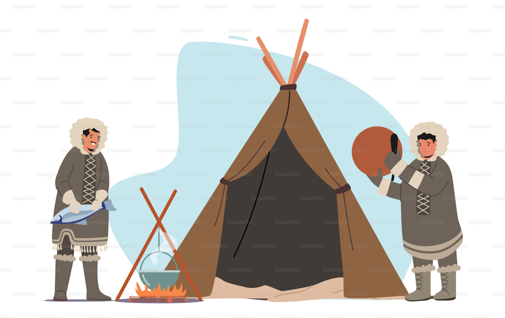 Eskimo-Charaktere über Alaska, Tschuktschen, Nordpol, Island, indigene Minderheiten, Menschen, Lebensstil. Schamane mit Tamburin, Inuit kochen Fisch im brennenden Kessel. Cartoon-Vektor-Illustration