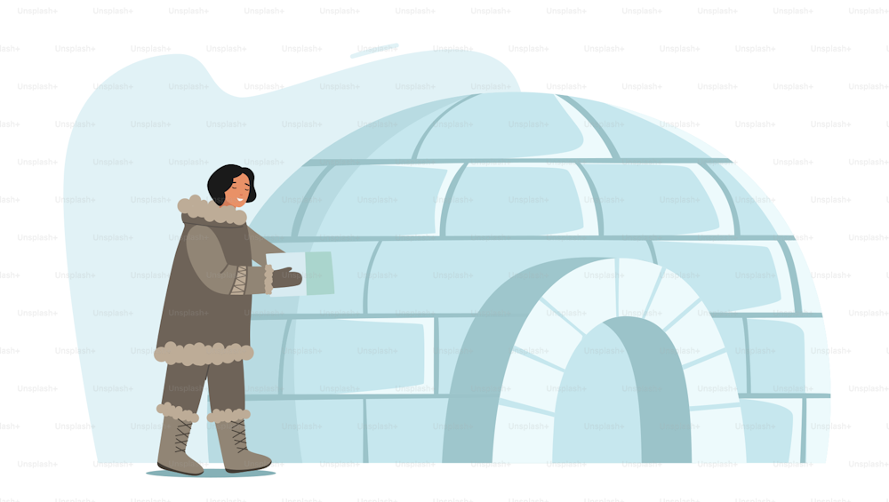 Eskimo personaggio femminile costruzione igloo facendo casa di blocchi di ghiaccio isolati su sfondo bianco. La vita nell'estremo nord, le donne Inuit indossano abiti tradizionali, la persona Esquimau. Illustrazione vettoriale del fumetto
