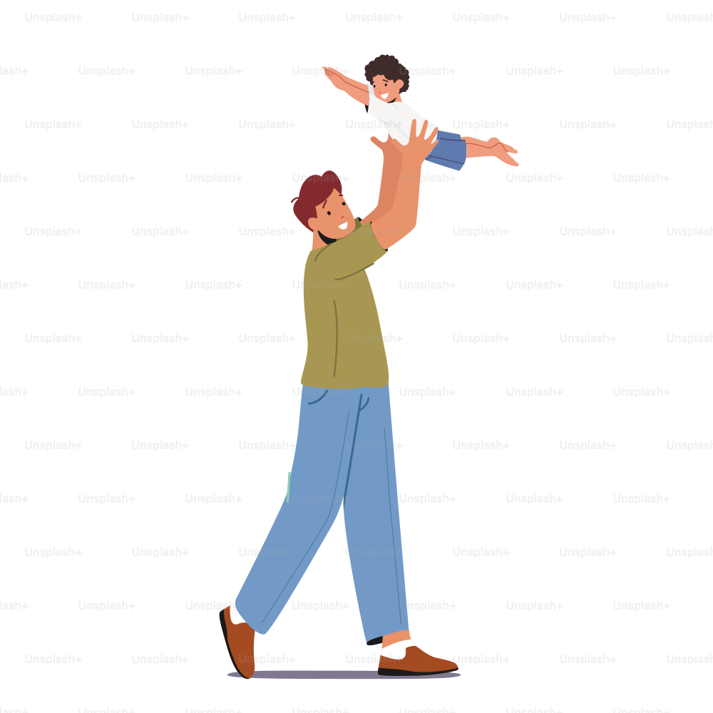 Happy Father Character Tossing Up in the Air Little Baby Son. Dad Playing with Child, Family Fun, Weekend Leisure, Game, Parenthood or Childhood, Dad on Maternity Leave. Cartoon Vector Illustration