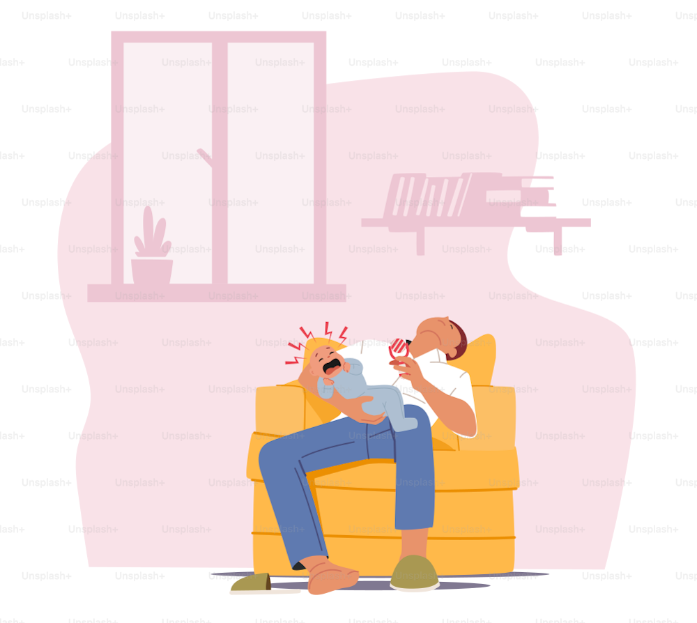 Tired Parent with Crying Child at Home, Fatigue Father Character Sleep on Armchair and Newborn Baby Yelling, Dad on Maternity Leave Raising Baby, Tiredness Concept. Cartoon People Vector Illustration