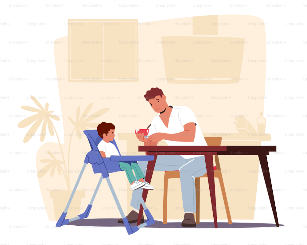 Dad Feed Baby with Spoon, Toddler Sit in Special High Chair. Father Engaged in Raising Child. Little Kid Having Breakfast with Daddy, Happy Family Spend Time Together. Cartoon Vector Illustration