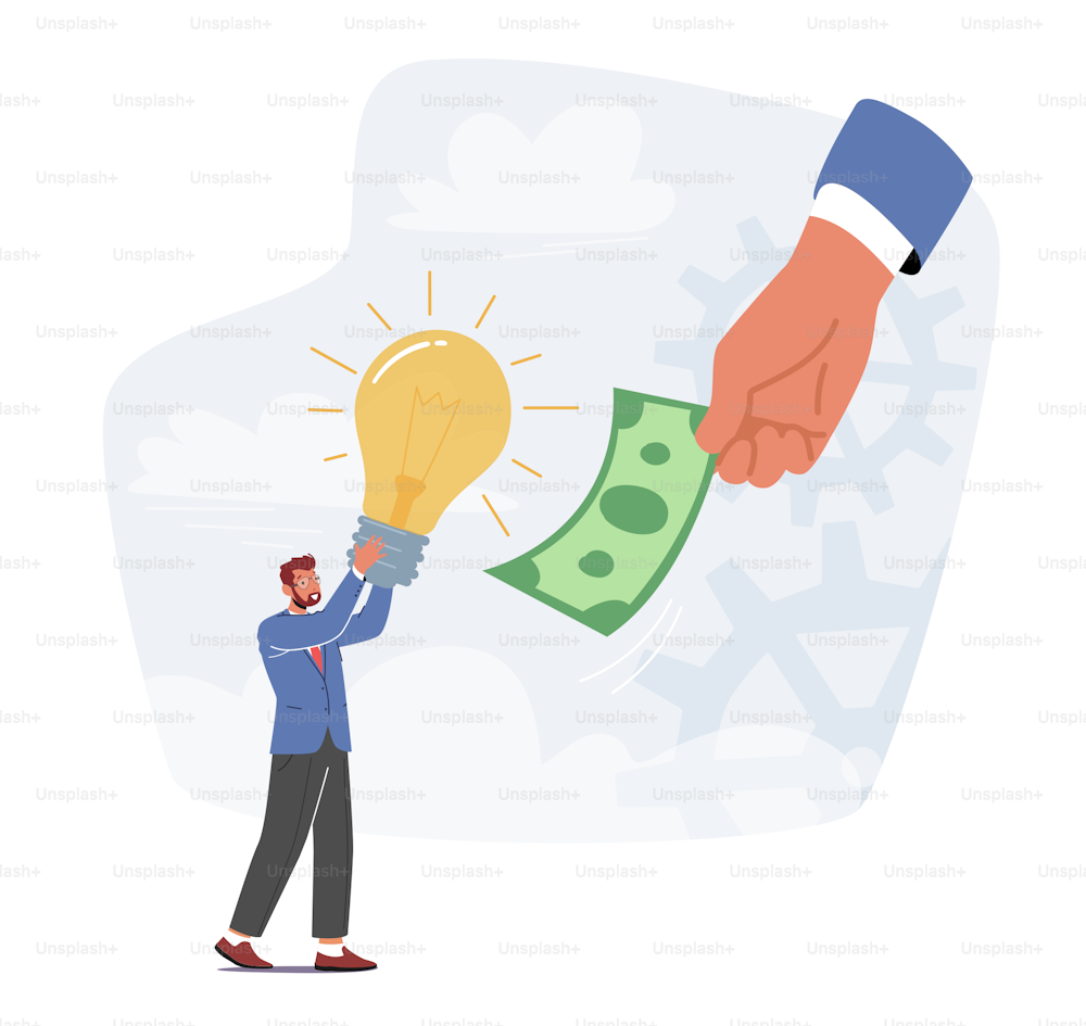 Businessman Sell Idea, Male Character Changing Glowing Light Bulb on Money Bill in Huge Human Hand. Insight, Business Vision, Investment, Education and Motivation Concept. Cartoon Vector Illustration