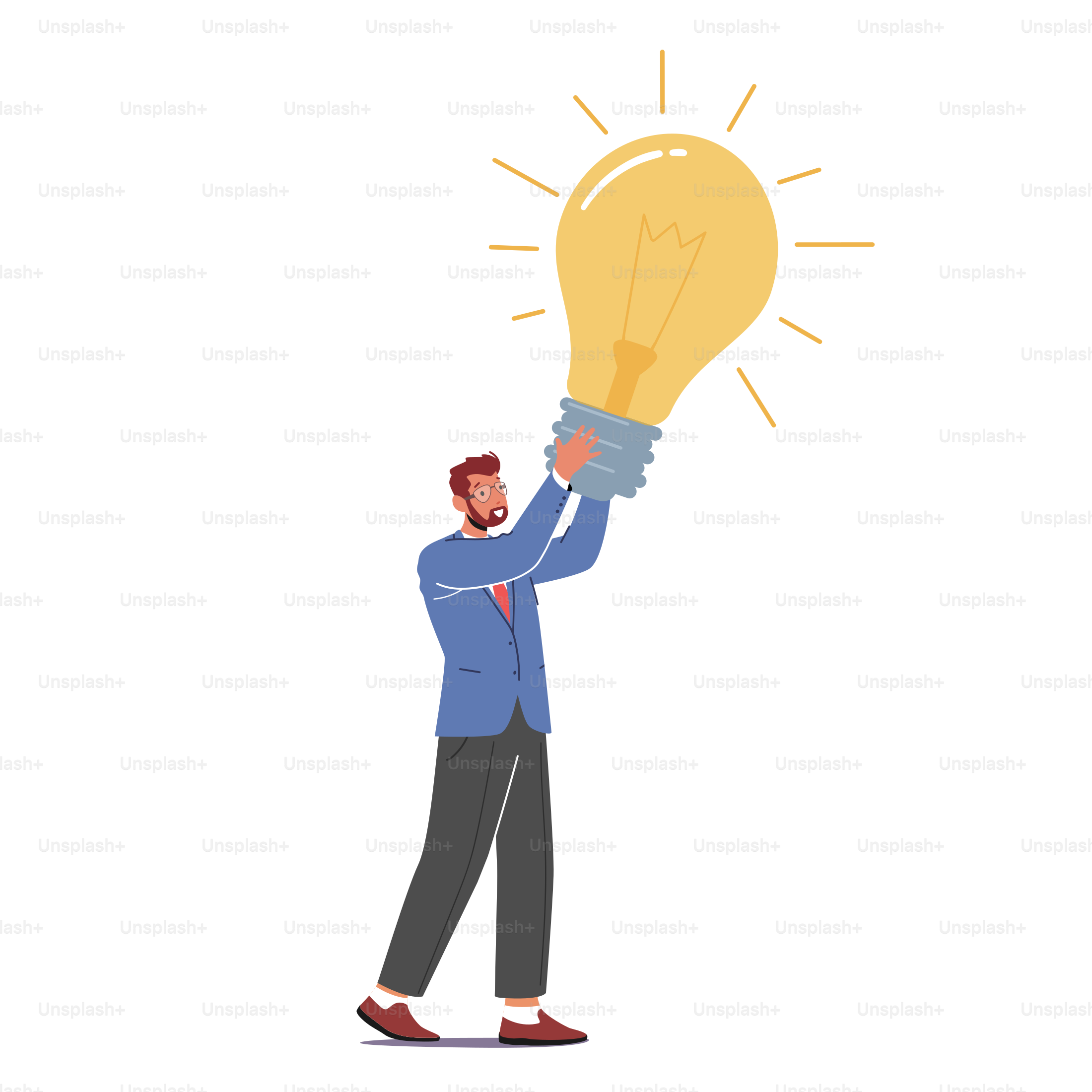 Creative Idea Concept. Tiny Businessman Character Holding Huge Glowing Light Bulb Having Great Inspiration and Insight for Project Development. Start Up Success. Cartoon People Vector Illustration