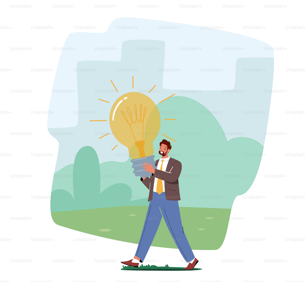 Businessman Character Carry Huge Glowing Light Bulb. Concept of Creative Idea, Great Inspiration and Insight for Project Development. Start Up Success, Education. Cartoon People Vector Illustration