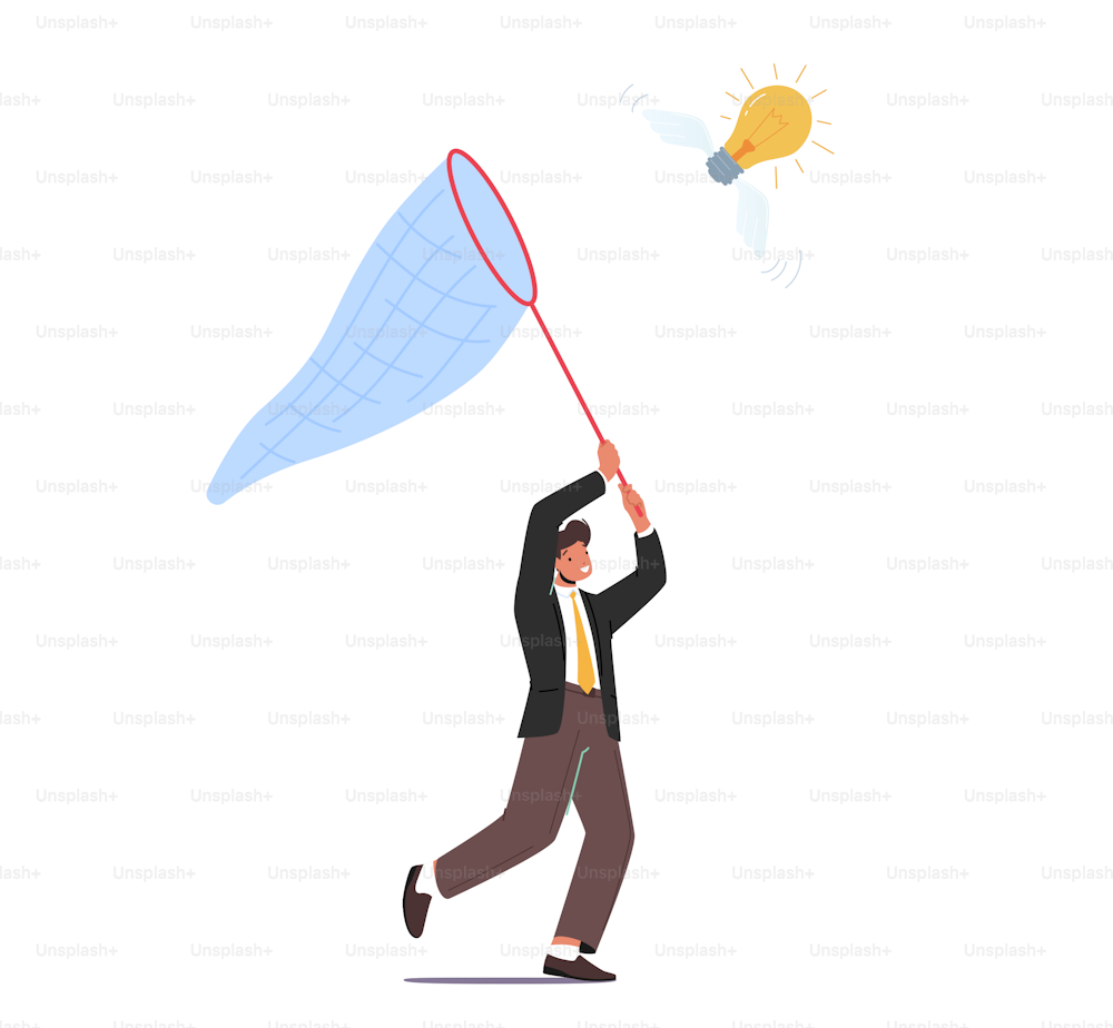 Businessman Character Chasing Flying Light Bulb Trying to Catch with Butterfly Net Isolated on White Background. Business Man Searching Inspiration, Creative Idea, Success. Cartoon Vector Illustration