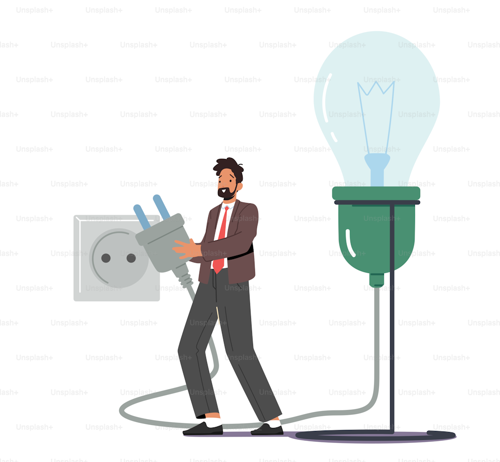 Male Character Switch on Plug into Socket for Huge Light Bulb. Business Man Work on Project Searching for Creative Idea. Brainstorming Research, Insight and Creativity. Cartoon Vector Illustration