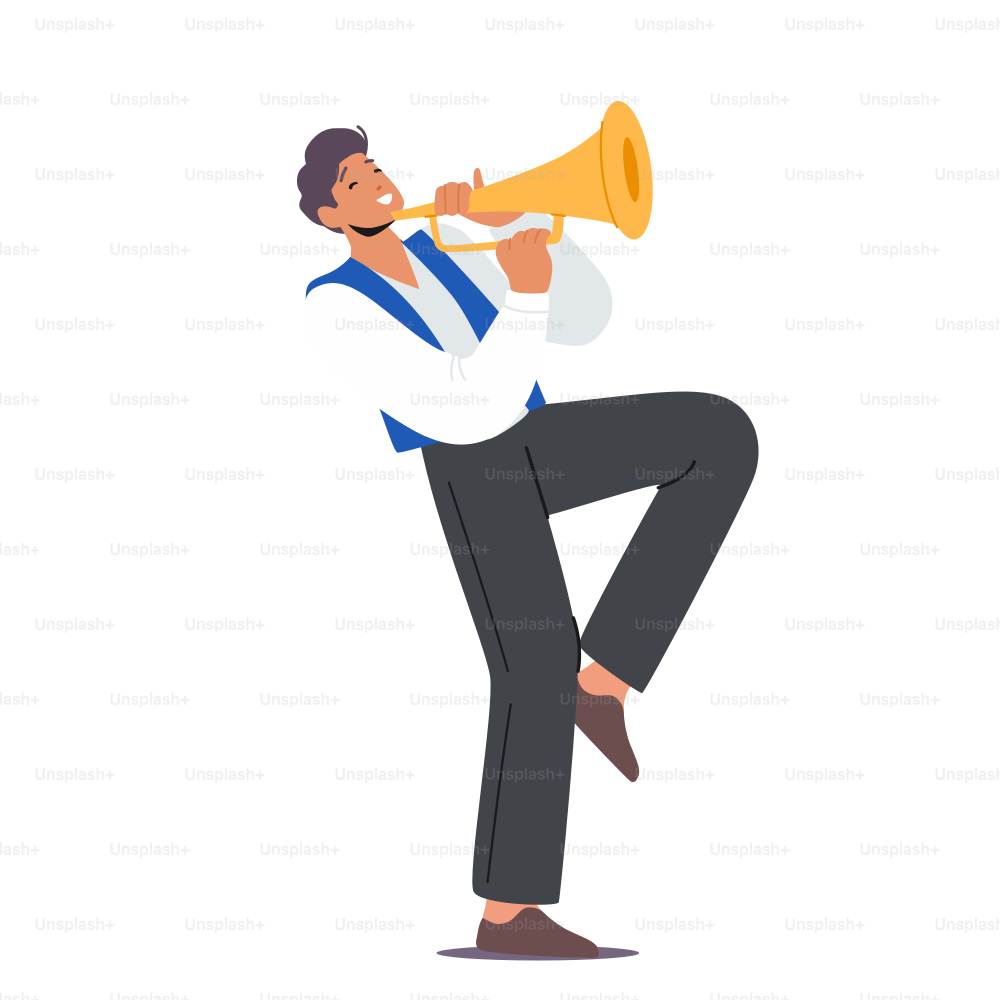 Jazz Band Entertainment, Concert. Male Character Playing Trumpet or Horn Isolated on White Background. Music Player Blowing Musician Composition on Wind Instrument. Cartoon People Vector Illustration