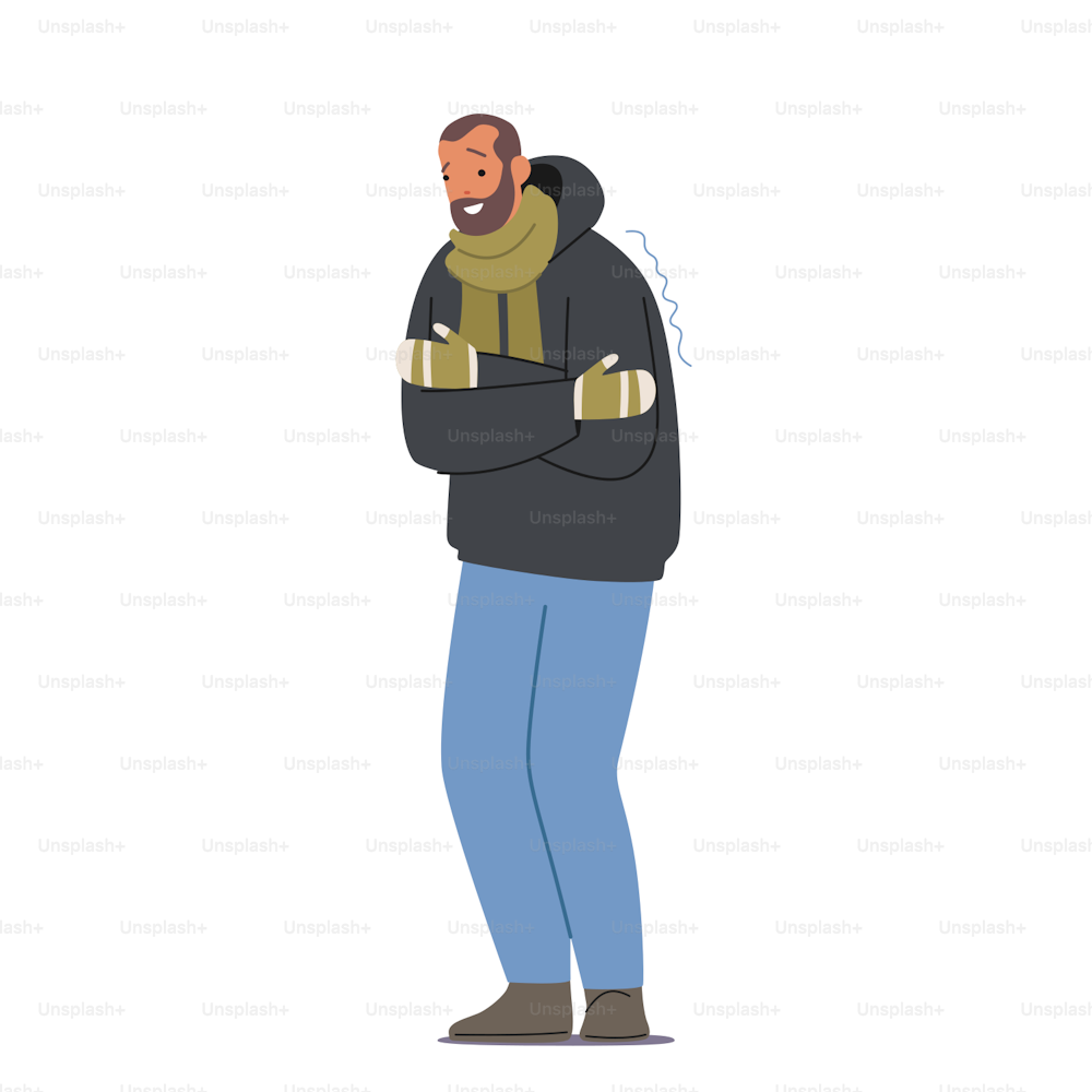 Cold Weather, Freezing People Concept. Male Character Wrapped in Warm Winter Clothes and Mittens Suffering of Low Minus Degrees Temperature or Freeze at Home. Cartoon Vector Illustration