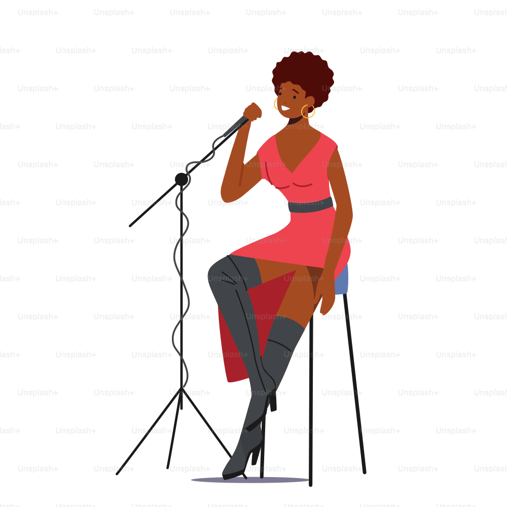 Femme africaine assise sur scène avec un micro chantant une chanson dans un  groupe de jazz ou une performance musicale. Chanteuse Personnage féminin  divertissant, concept de loisirs de chanteur. Illustration vectorielle des, image size:3000x3000