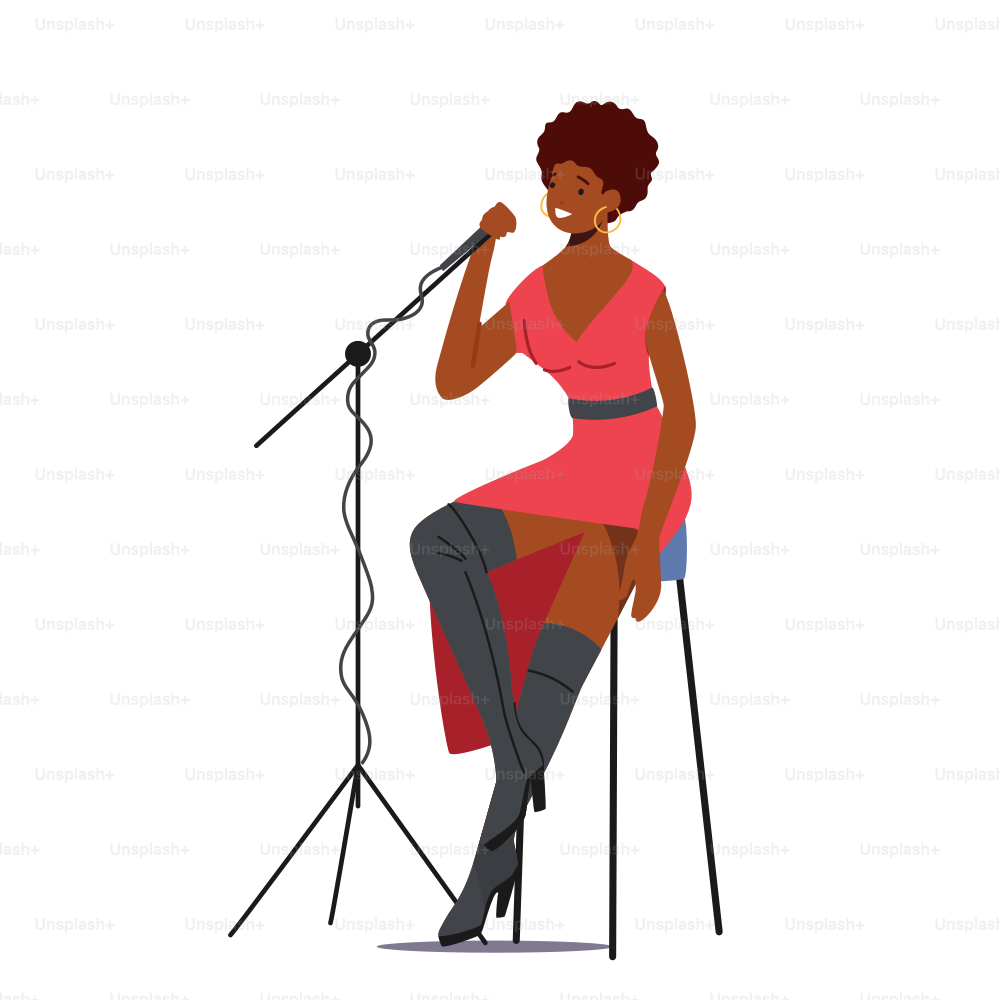 African Woman Sitting on Stage with Microphone Singing Song in Jazz Band or Music Performance. Vocalist Female Character Entertaining, Singer Recreation Concept. Cartoon People Vector Illustration