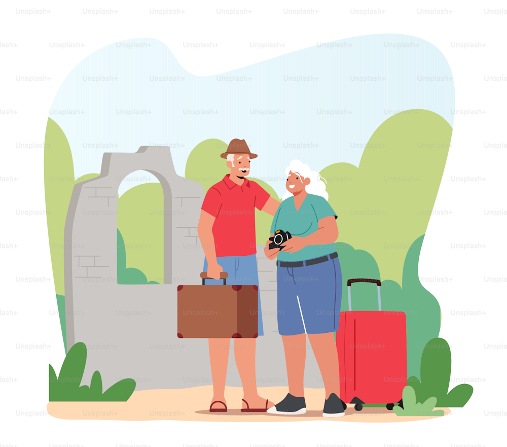 Aged Couple Voyage, Pensioner Outdoor Activity, Journey. Senior Tourist Characters in Trip, Elderly Traveling People with Photo Camera and Luggage in Foreign Country. Cartoon Vector Illustration