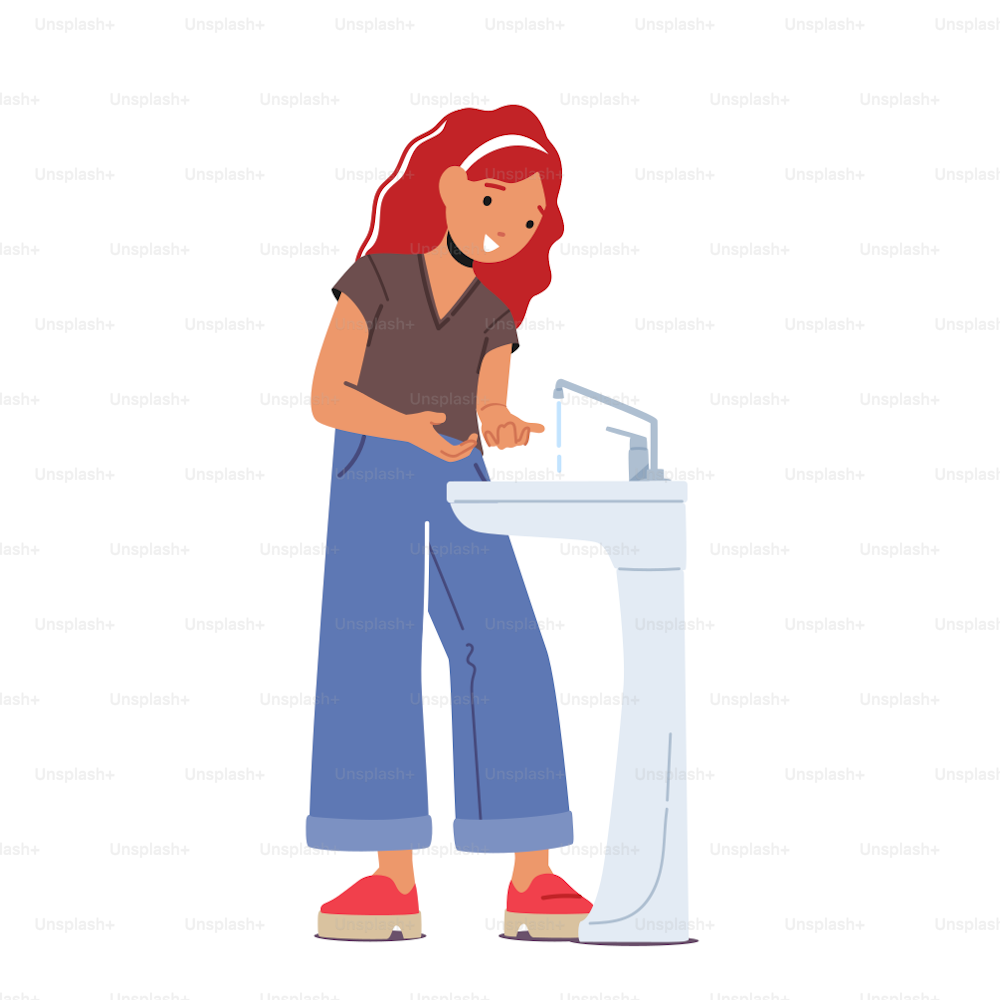 Little Girl Stand at Sink in Bathroom Washing Hands. Kid Female Character Morning or Evening Daily Routine. Child Health Care, Bathing, Hygiene, Discipline. Cartoon People Vector Illustration