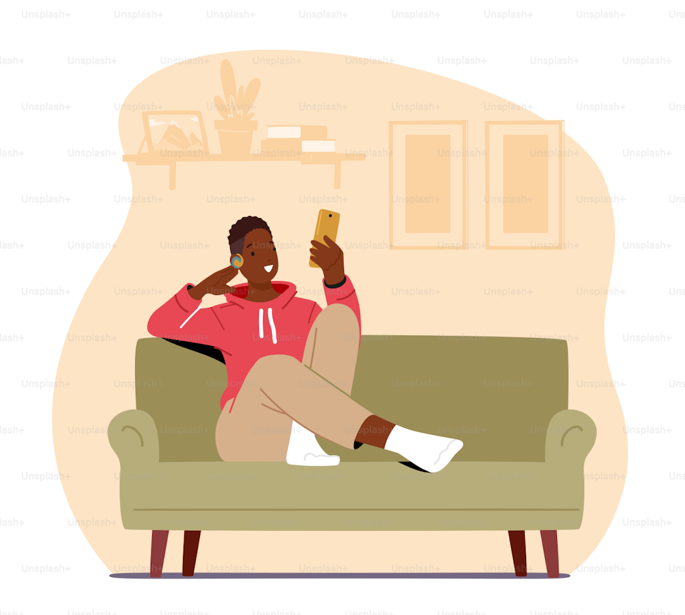 Young Man Character Sit in Comfortable Armchair at Home Listening Podcast Using Smartphone and Headset. Audio Podcast Listener, Webinar, Online Training, Audiobook. Cartoon People Vector Illustration