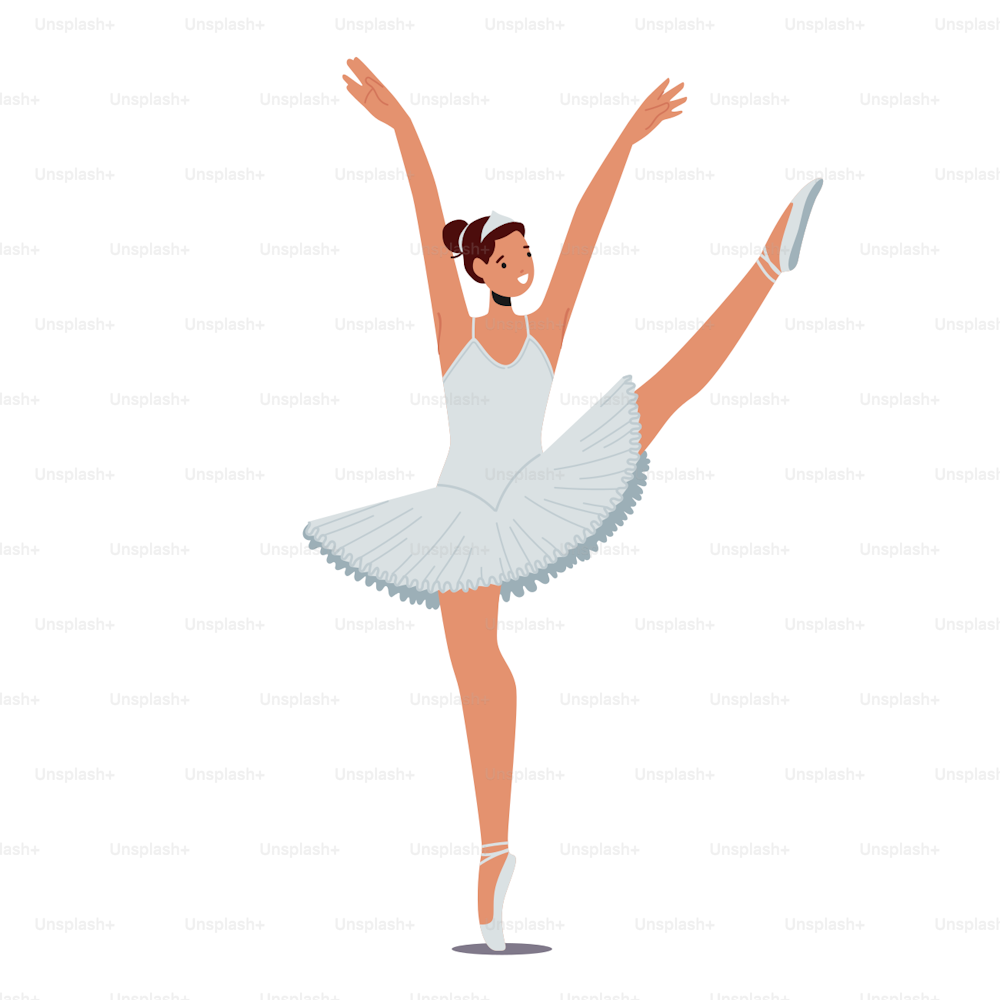 Une ballerine vêtue d’une tenue professionnelle, de chaussures ou d’une jupe blanche en apesanteur démontre son habileté à danser. Jeune danseuse de ballet gracieuse isolée sur fond blanc. Illustration vectorielle de personnes de dessins animés