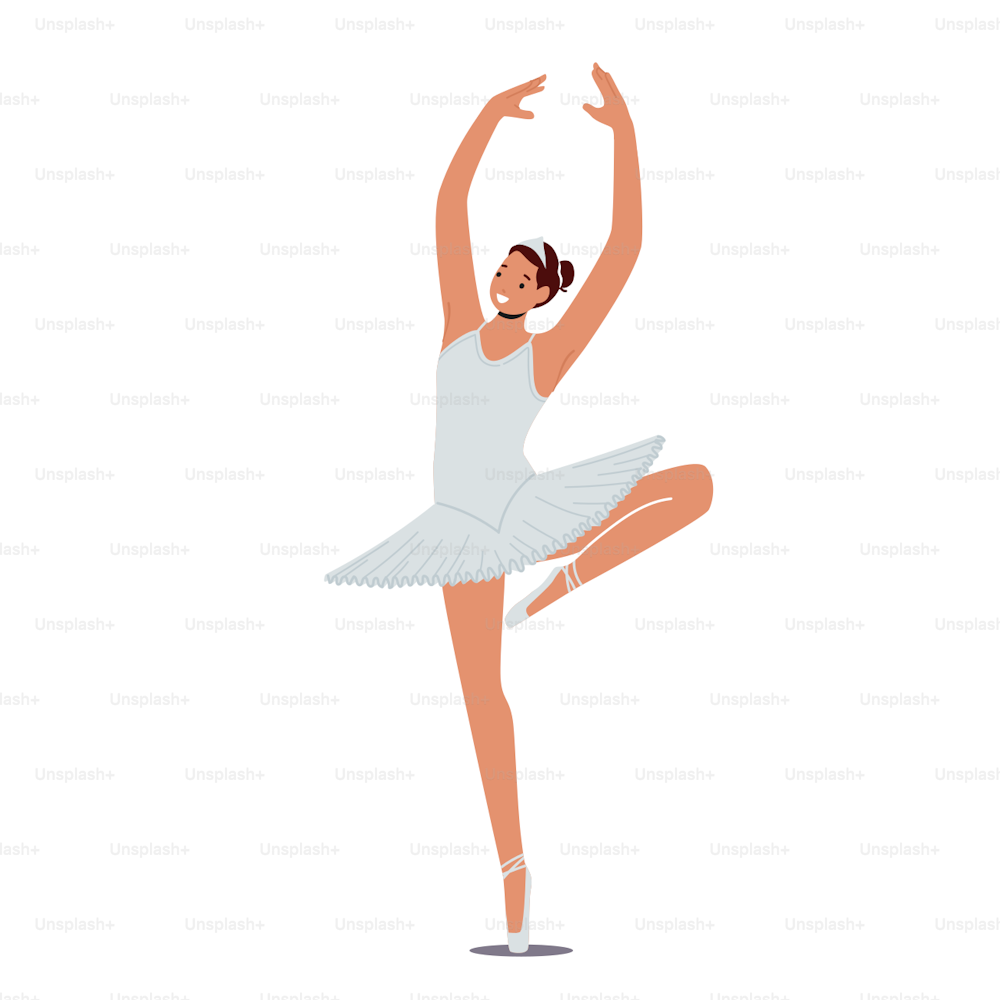 Formation de filles à l’école de ballet. Une jeune femme heureuse en tutu et chaussures à pointes se tient debout avec les bras levés et une jambe. Personnage féminin pratiquant la danse. Illustration vectorielle de personnes de dessins animés