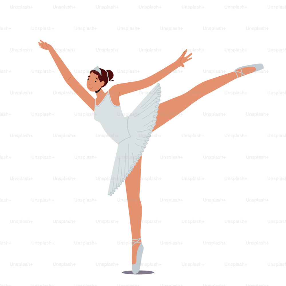 Girl Ballerina Practicing Dance Isolated on White Background. Female Character Training in Ballet School. Woman Dancer in Tutu and Pointe Shoes Stand in Position. Cartoon People Vector Illustration