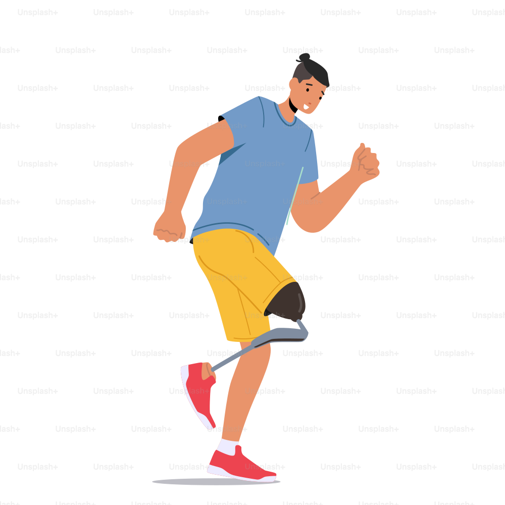 Invalid Sportsman Character Run Marathon, Cheerful Amputee Man Training, Athlete with Leg Prosthesis, Disabled Male Character Exercise Isolated on White Background. Cartoon People Vector Illustration