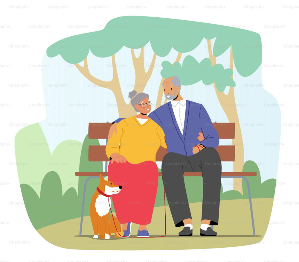 Ältere Paare verbringen Zeit mit Hund im Stadtpark. Glücklich lächelnder älterer Mann und Frau, die auf der Bank sitzen, reden, sich umarmen. Familien-Outdoor-Entspannung mit Haustier. Cartoon Menschen Vektor Illustration