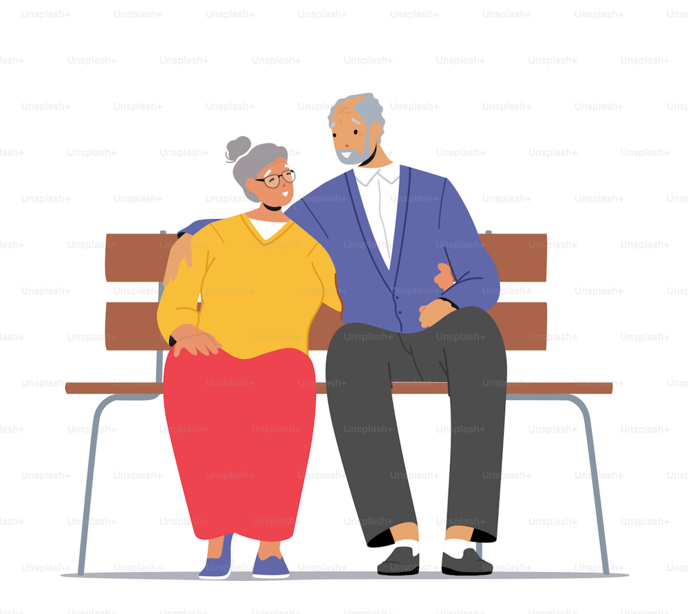 Old Man and Woman Sitting on Bench, Hugging Isolated on White Background. Elderly Male and Female Characters Spend Time in Park, Retired Loving People Relax on Street. Cartoon Vector Illustration