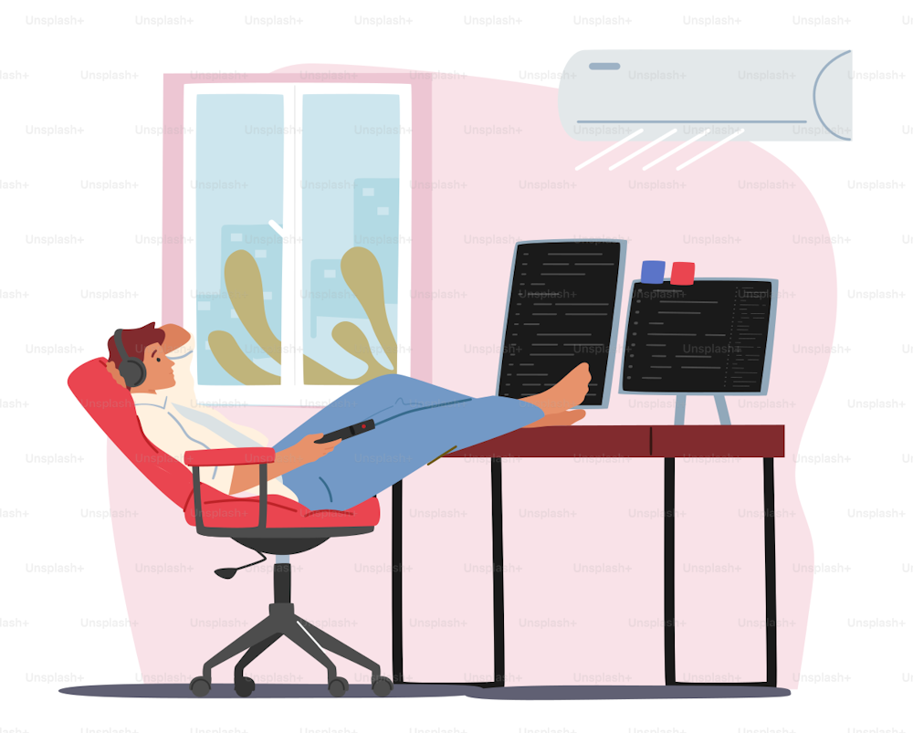 Young Man Relax at Workplace with Working Conditioner at Home. Character Feeling Good in Warm Summer Extreme Hot Weather, Summertime Seasonal Heat, Cooling Equipment. Cartoon Vector Illustration