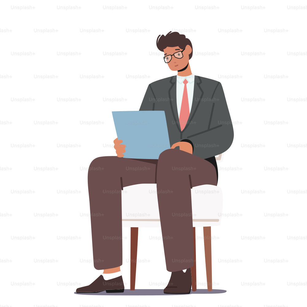 Hr, Working Employment, Recruitment and Choosing Candidate Concept. Specialist Applicant Waiting an Job Interview in Hallway Sitting on Chair with Folder in Hands. Cartoon Vector Illustration
