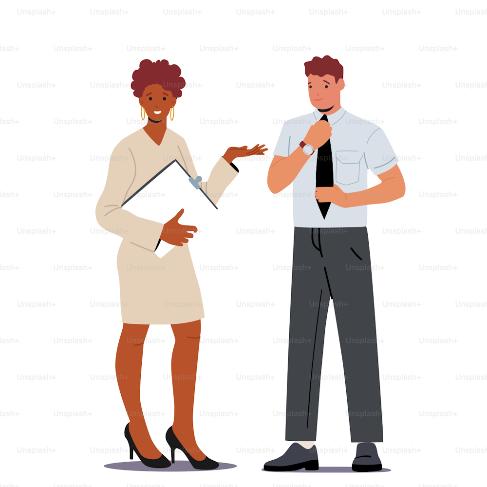 비즈니스 캐릭터 남자와 여자는 정장을 입고 클립보드를 들고 흰색 배경에 고립되어 의사 소통합니다. 잘 생긴 회사 직원, 회사원. 만화 사람들 벡터 일러스트레이션