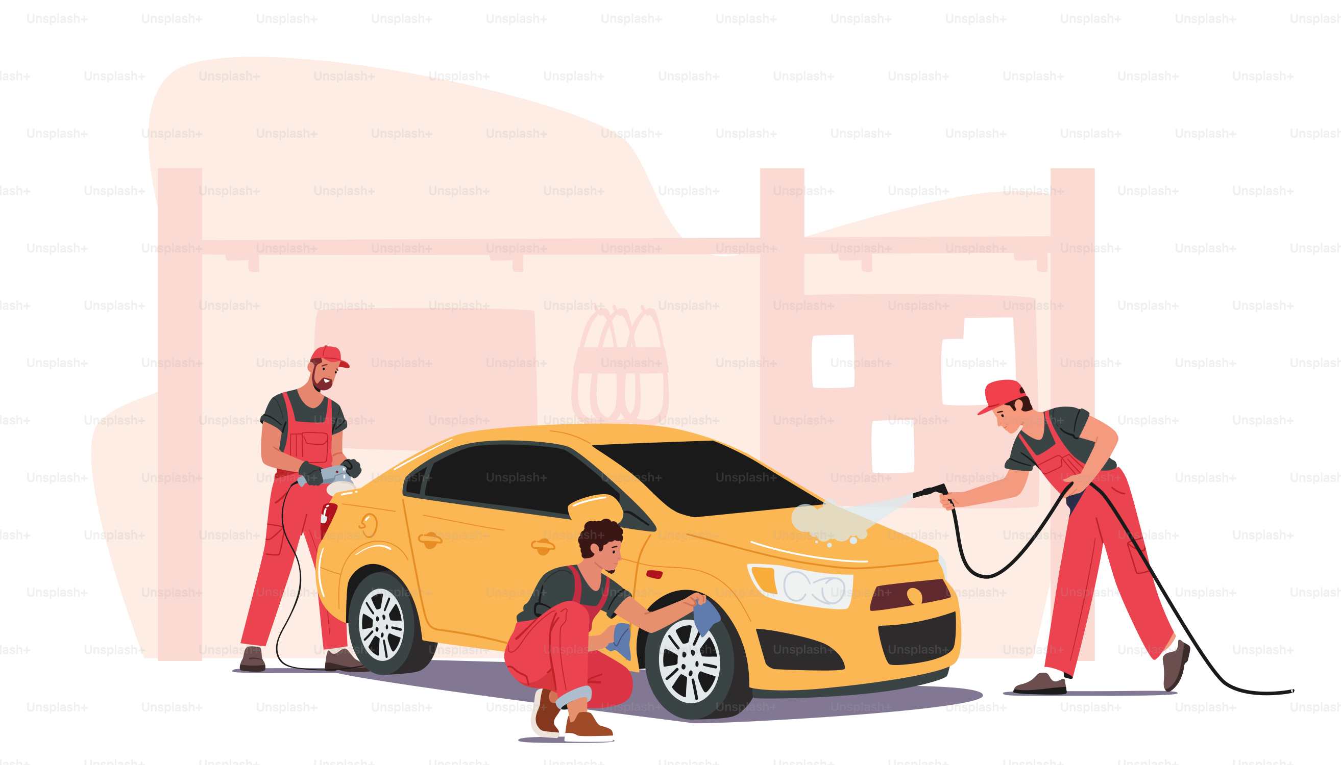Cleaning Company Employees Male or Female Characters Work Process. Car Wash Service Concept. Men Workers Wear Uniform Lathering Automobile with Mop and Use Hoses. Cartoon People Vector Illustration