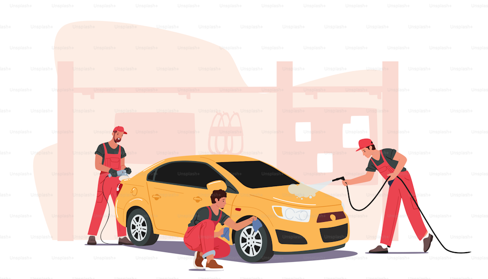 Cleaning Company Employees Male or Female Characters Work Process. Car Wash Service Concept. Men Workers Wear Uniform Lathering Automobile with Mop and Use Hoses. Cartoon People Vector Illustration