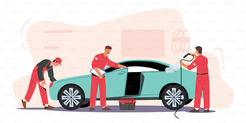 Car Wash Service Concept with Workers Wearing Uniform Lathering Automobile with Sponge and Pouring with Water Jet. Cleaning Company Employees at Work Process Cartoon People Vector Illustration