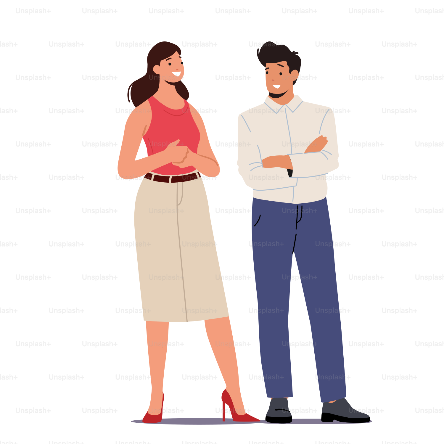 Los empleados de oficina se comunican, los empresarios alegres se unen, el equipo de los gerentes, los personajes jóvenes y empresarias exitosos, los compañeros. Ilustración vectorial plana de dibujos animados