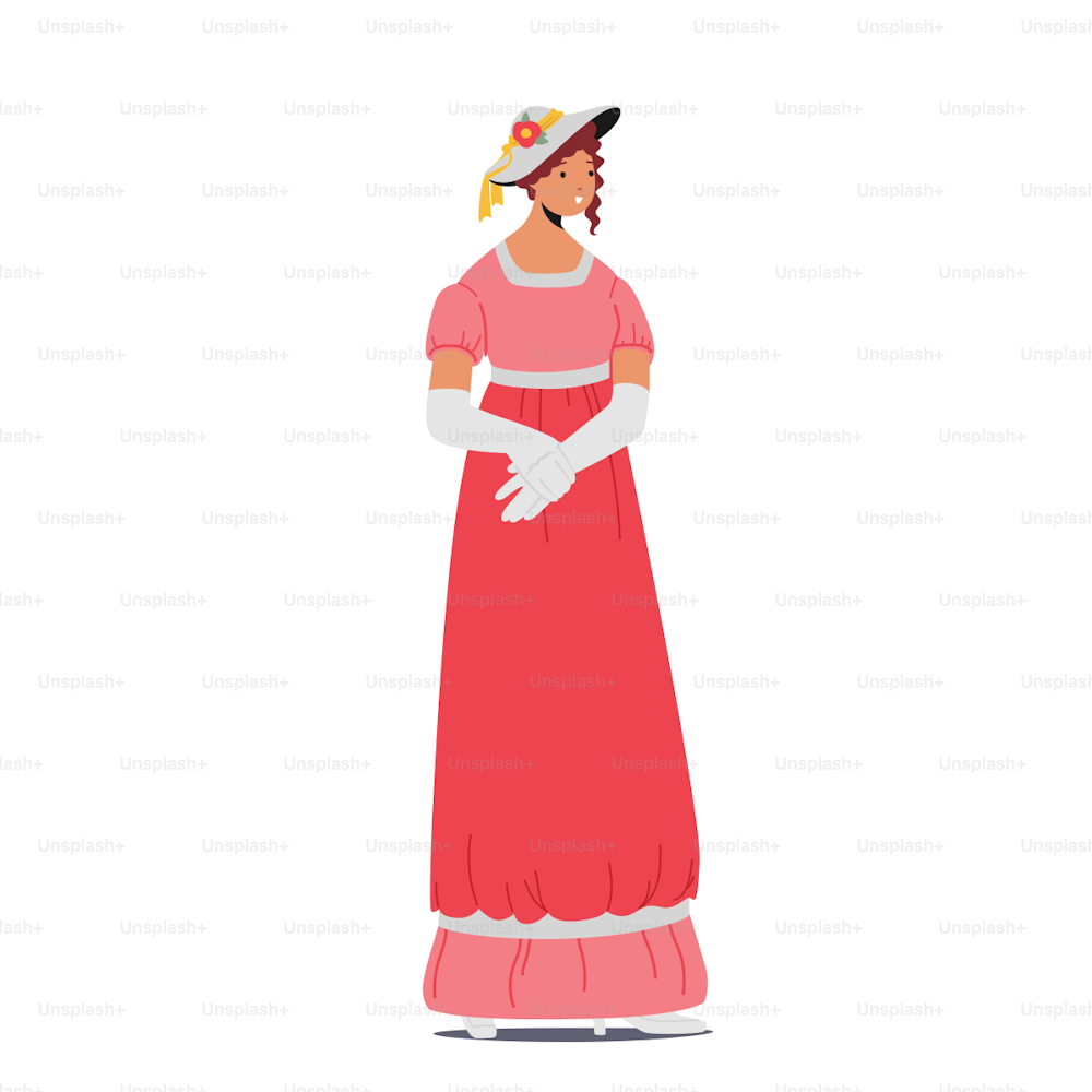 Senhora do século 19, mulher inglesa vitoriana ou francesa usam vestido elegante e chapéu isolado no fundo branco. Bela personagem feminina, moda antiga europeia. Ilustração vetorial de pessoas dos desenhos animados