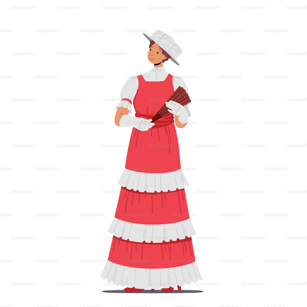 Victoriana inglesa o mujer francesa del siglo 19. Elegante dama con vestido vintage y sombrero sosteniendo abanico en las manos aisladas sobre fondo blanco. Moda femenina europea. Ilustración vectorial de Cartoon People