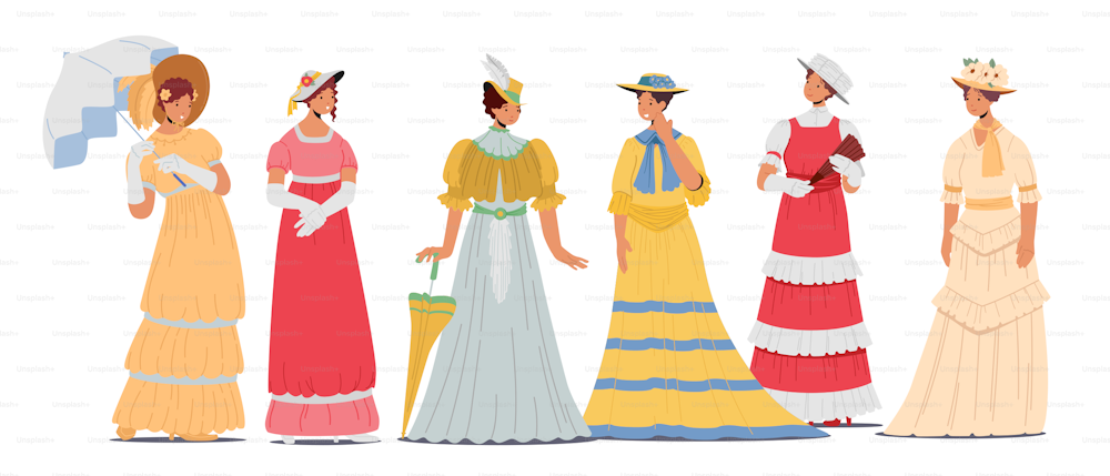 Conjunto de hermosas damas europeas del siglo 19 usan elegantes vestidos, sombreros y accesorios. Mujeres victorianas aisladas inglesas o francesas. Carácter femenino de moda antigua. Ilustración vectorial de Cartoon People