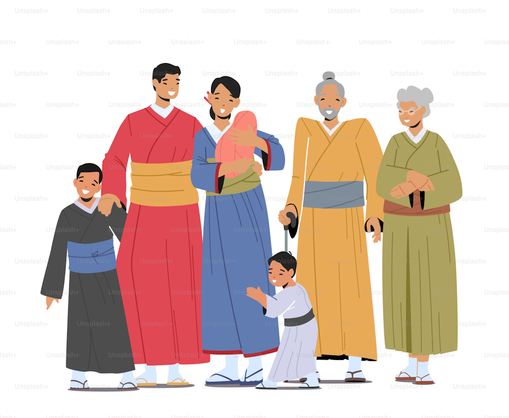 행복한 아시아 가족, 웃고 있는 젊은이와 노인 남성과 여성 캐릭터. 부모, 조부모, 아이들은 흰색 배경에 고립된 전통 기모노 드레스를 입는다. 만화 사람들 벡터 일러스트레이션