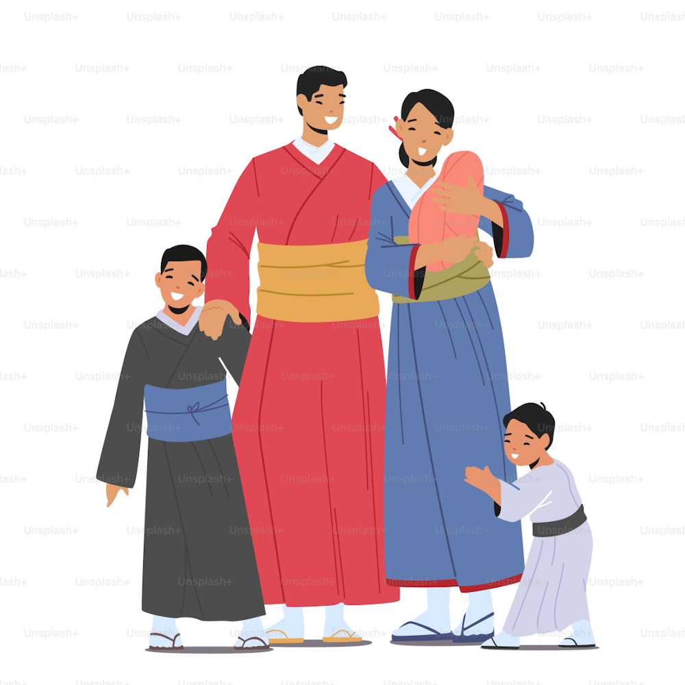 행복한 아시아 가정의 부모와 아이들은 전통 기모노를 입습니다. 아기를 손에 들고 웃고 있는 어머니, 아버지와 십대 초반의 아이들 캐릭터들이 하얀 배경에 고립되어 있다. 만화 사람들 벡터 일러스트레이션