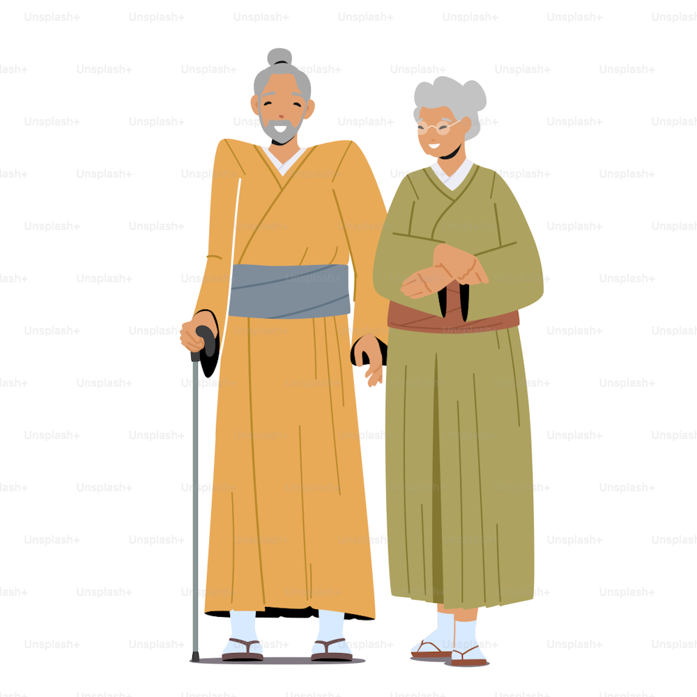 Senior Asian Man and Woman Wear Traditional Kimono. Senility, Old Ages Concept. Aged Friendly Couple, Isolated Elderly White Haired Male and Female Characters. Cartoon People Vector Illustration