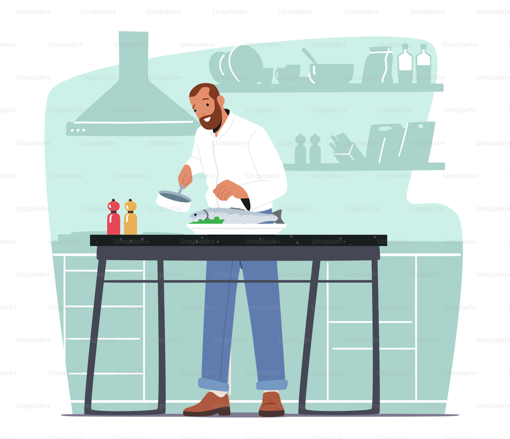 Male Character Cooking Seafood. Mature Man Pouring Sauce on Big Fish Lying on Tray at Home Kitchen Man Prepare Meal for Family Dinner Enjoying Process of Cook Food. Cartoon Vector Illustration
