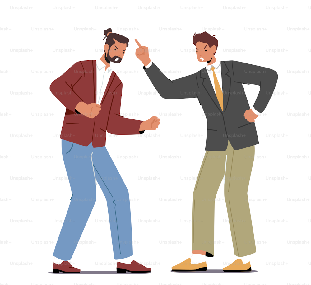 Angry Businessmen Quarrel and Fight Waving Fists and Arguing. Business Colleagues Conflict, Male Characters Shouting, Fighting for Leadership, Disagreement in Office Team. Cartoon Vector Illustration