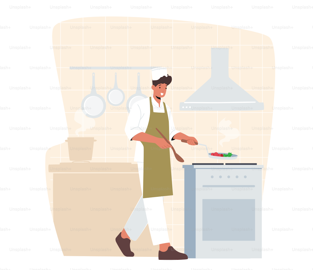 Young Handsome Man Cooking on Kitchen at Home or Restaurant. Happy Male Character in Uniform and Toque Holding Pan with Food, Preparing Delicious and Healthy Meal. Cartoon People Vector Illustration