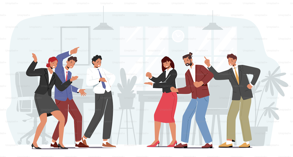 Angry Business Team Conflict, Furious Men and Women Quarrel and Fight, Characters Arguing in Office. Competition, Fighting for Leadership, Disagreement and Staring. Cartoon People Vector Illustration