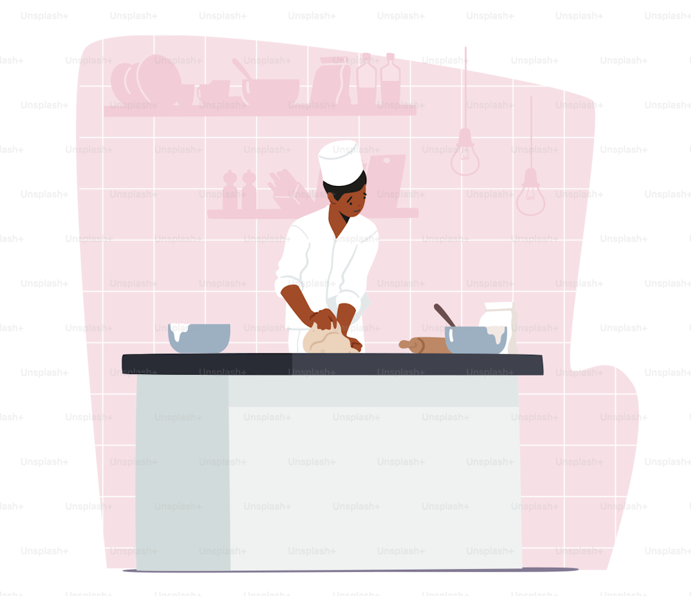 Professional Cooking Concept. Concentrated Man Chef in White Uniform and Toque Cook Bakery, Kneading Dough, Preparing on Table in Restaurant or Home Kitchen. Cartoon People Vector Illustration