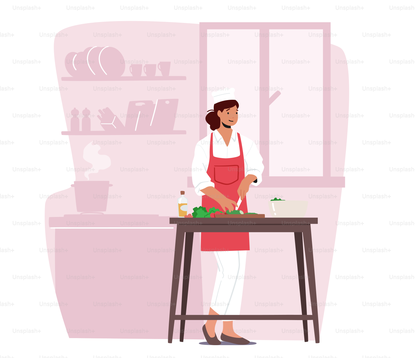 Young Adorable Woman Chopping Vegetables Cooking Salad. Happy Female Character Wear Chef Uniform Cook on Kitchen at Home Preparing Delicious and Healthy Food for Dinner. Cartoon Vector Illustration
