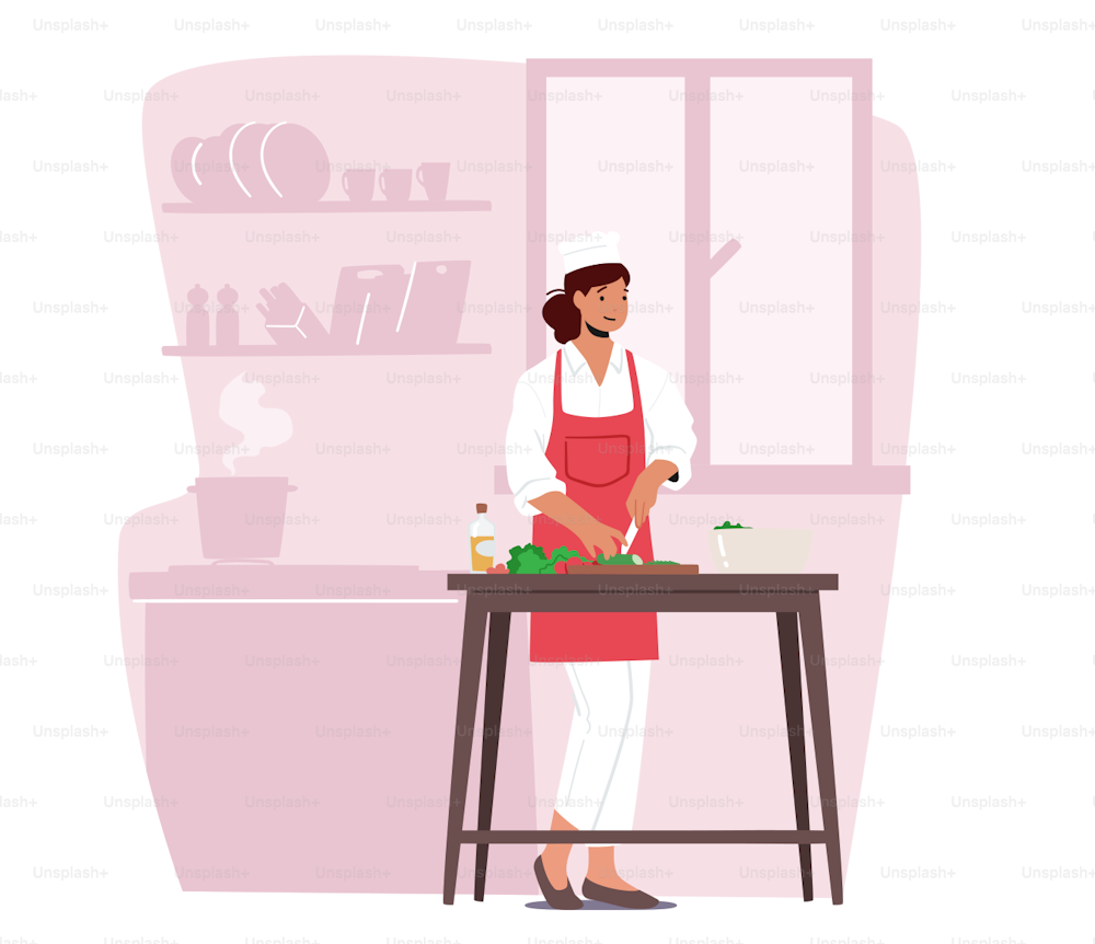 Junge entzückende Frau, die Gemüse hackt, Salat kocht. Glückliche weibliche Figur trägt Kochuniform, kocht in der Küche zu Hause und bereitet köstliches und gesundes Essen zum Abendessen zu. Cartoon-Vektor-Illustration