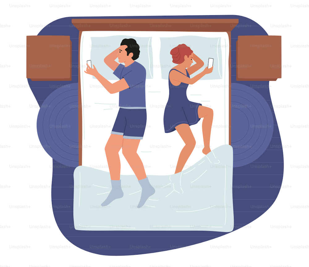 Young Couple Man and Woman Lying in Bed Back to Back Using Smartphones Top View. Internet Addiction, Family Problems. Characters with Phones at Night in Bedroom. Cartoon People Vector Illustration